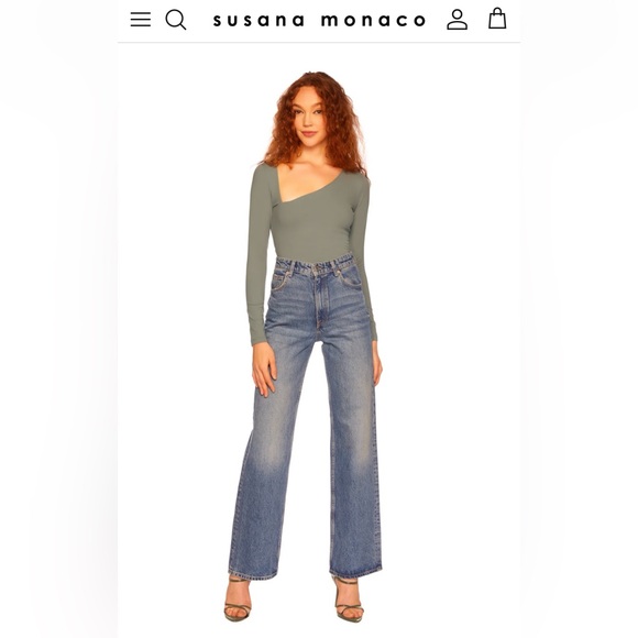 NEW Susana Monaco diagonal neckline Top Green Gray Size S Long Sleeve - Picture 2 of 10